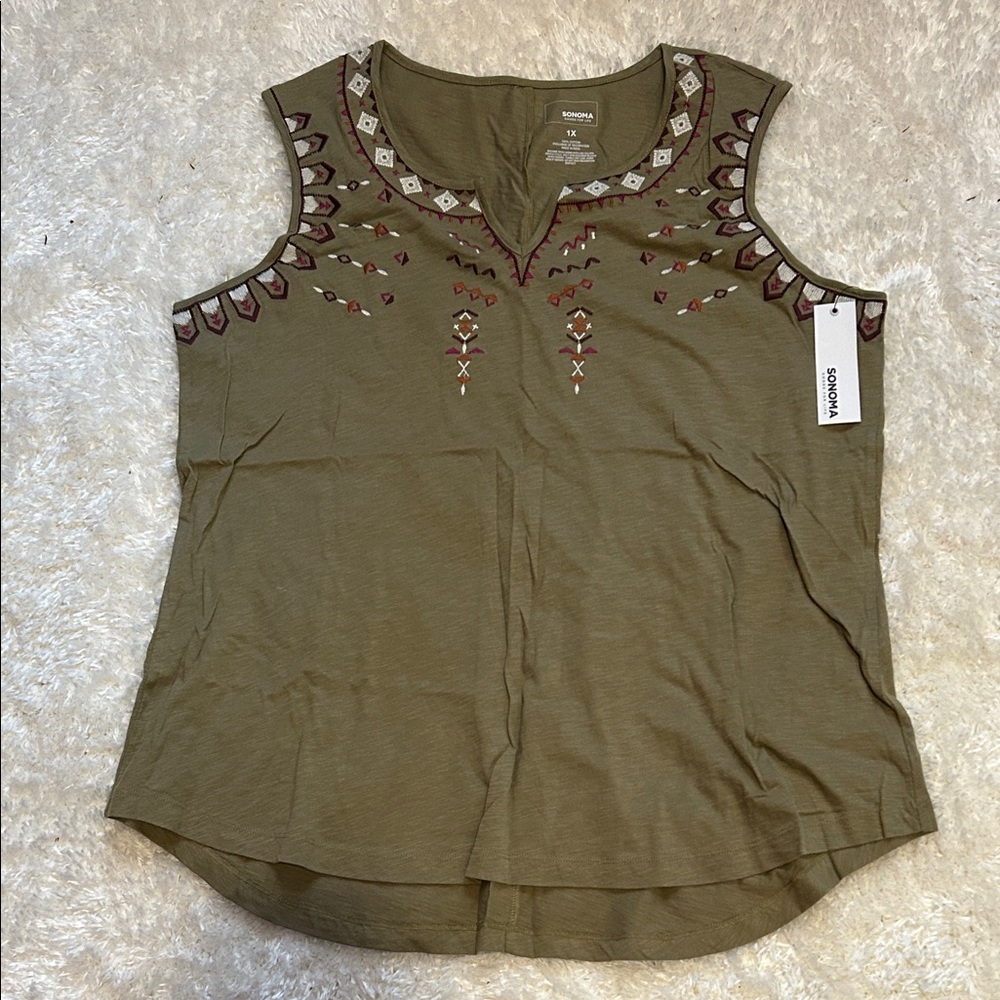 Sonoma Khaki Embroidered Sleeveless Blouse